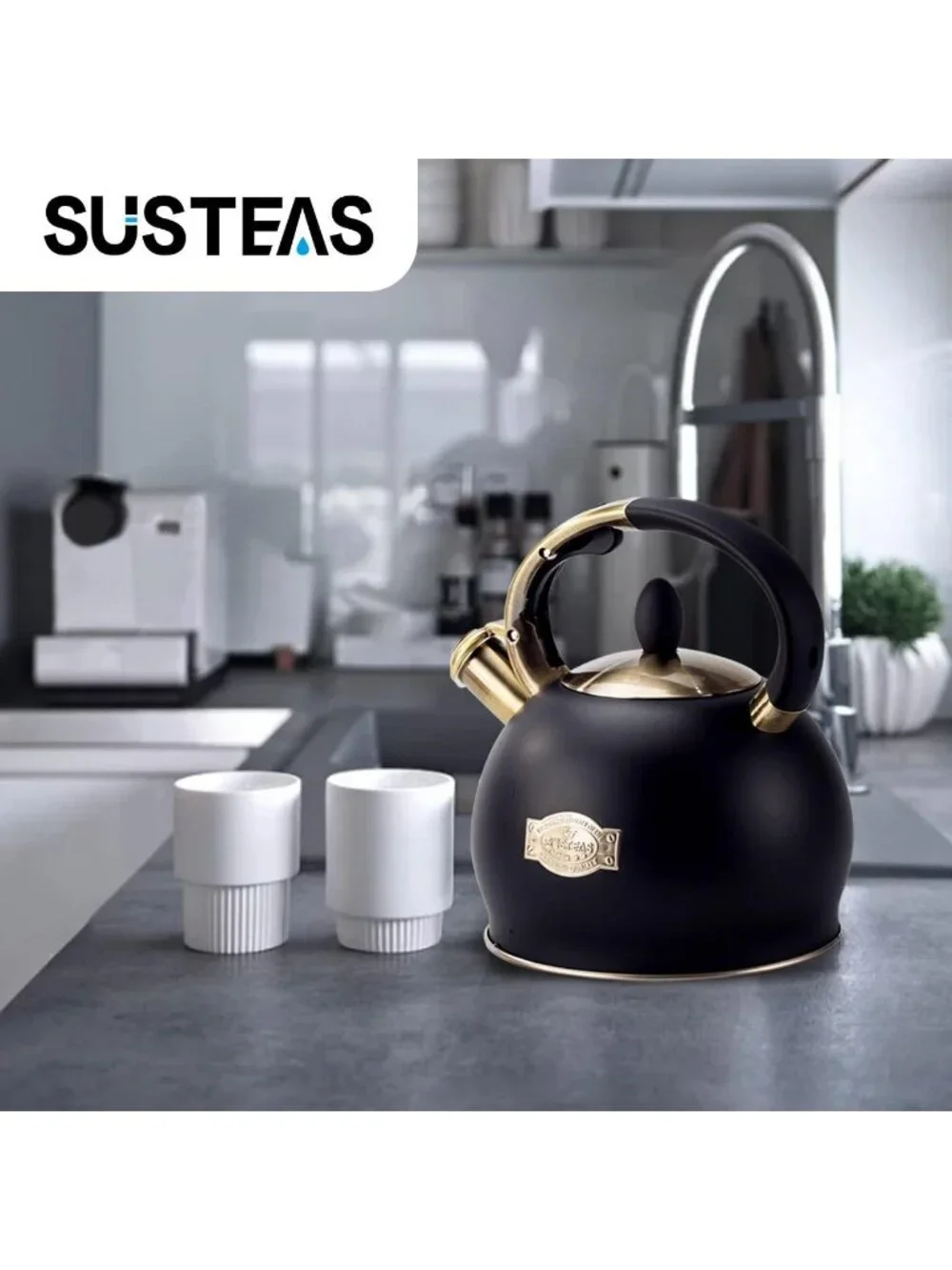 SUSTEAS Kitchen Whistling Tea Kettle 2.64QT Stainless Steel Stove Top Black